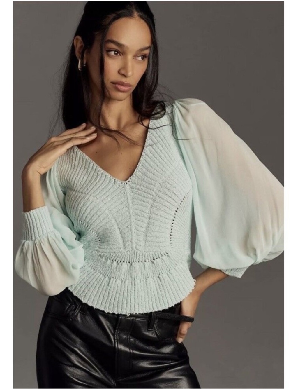 New By Anthropologie Sheer Long-Sleeve V-Neck Sweater Size M